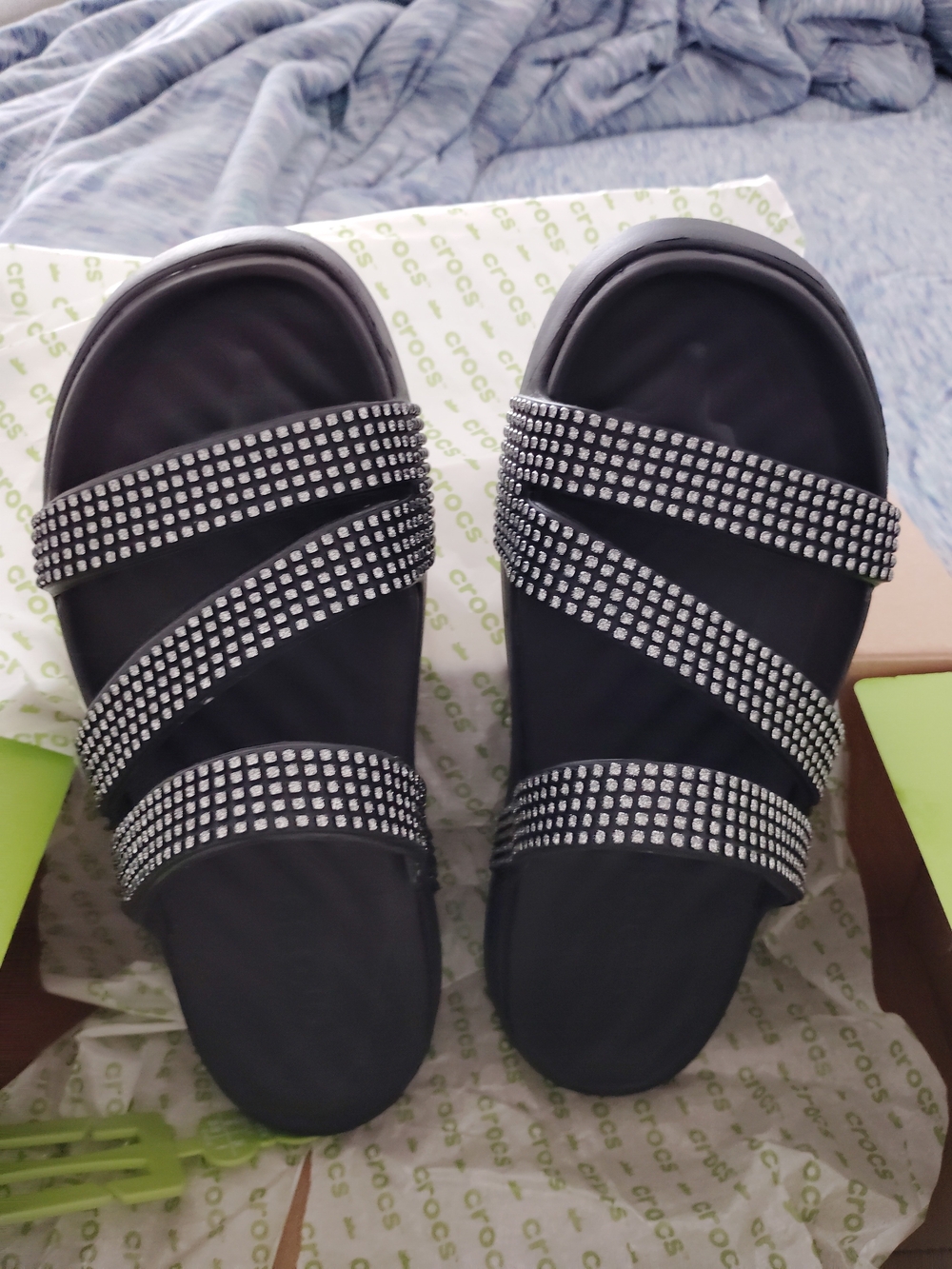 Crocs Women's Black Jeweled Strappy Slide Sandals